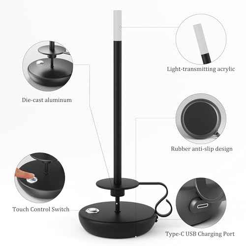 2 Pack Cordless LED Table Lamp, Battery Powered Stepless Dimmable Rechargeable Table Lamp for Dinner/Dining/Bedroom/Bar/Camping(Black)