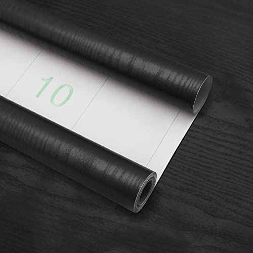 seonta Black Contact Paper 16"x118" Wood Peel and Stick Wallpaper Waterproof Removable Self Adhesive Wall Paper Sticker Cover Wood Vinyl Wrap for Countertop Desk Table Cabinets