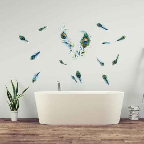 PLIGREAT Peacock Feathers Wall Stickers, Removable Vinyl Peel and Stick Wall Decals Green Tail Feathers Wall Decors for Living Room Bedroom Office Home Indoor DIY TV Background Wall Decoration
