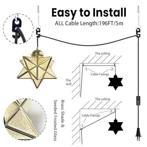 Gold Moravian Star Pendant Light with Brass Shade,16.5ft Plug-in Hanging Light Fixture with Switch, Farmhouse Brass Lighting for Kitchen Island, Bedroom, Hallway, Porch (LED Bulb Included)