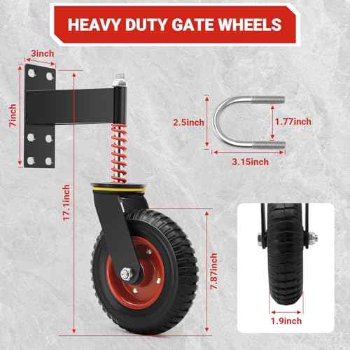 W B D WEIBIDA Heavy Duty Gate Wheel - 8 Inch Fence Gate Wheel 600 LBS Capacity with Shock Absorbing Spring, Swivel Gate Wheels for Metal Tube and Wooden Gate, Dual Mount Options (Straight/U-Bolt)