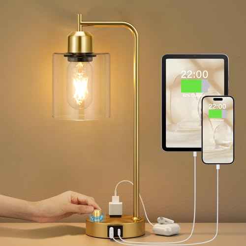 Innqoo Gold Table Lamp for Bedroom - Industrial Bedside Lamp with USB Port and Outlet, Fully Dimmable Nightstand Lamp with Clear Glass Shade, Small Desk Lamps for Home Office