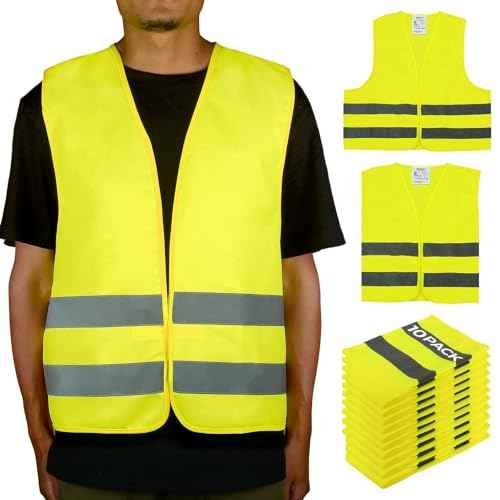 10 Pack Yellow Safety Vests, Bulk High Visibility Vest for Men / Woman(S-2XL), Adult Reflective Running Vest, Wholesale Work Vests For Construction,Running, Security,Cycling,Warehousing,Municipal