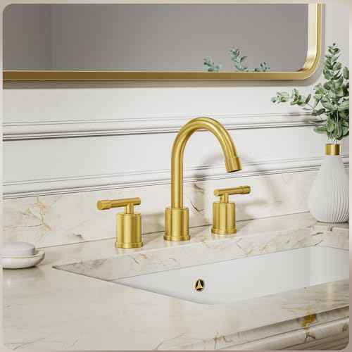 Phiestina Brushed Gold Widespread 8 Inch Bathroom Faucet£¬3 Holes 2 Handles Modern Bathroom Sink Faucet with Metal Pop-Up Drain & Water Supply Line,WFZY01-BG