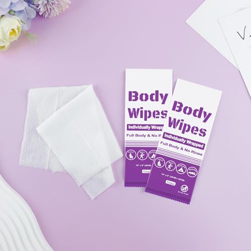 200Pcs Disposable Body Wipes, 7.8 x 9.8 inch Individually Wrapped Bath Wipes for Women and Men, No Rinse-Free Large Body Bath Shower Wipes for Home Travel Hotel Outdoors Camping After Gym ((Purple)