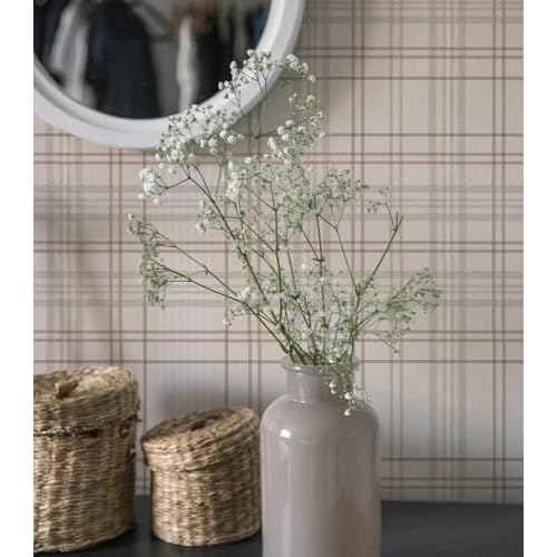 Peel and Stick Wallpaper Check Plaid Boho Neutral - Self Adhesive Waterproof Vinyl Wallpaper for Walls, Kitchen Backsplash, Bathroom, Bedroom, Rentals (Light, 17.3" X 78.73")