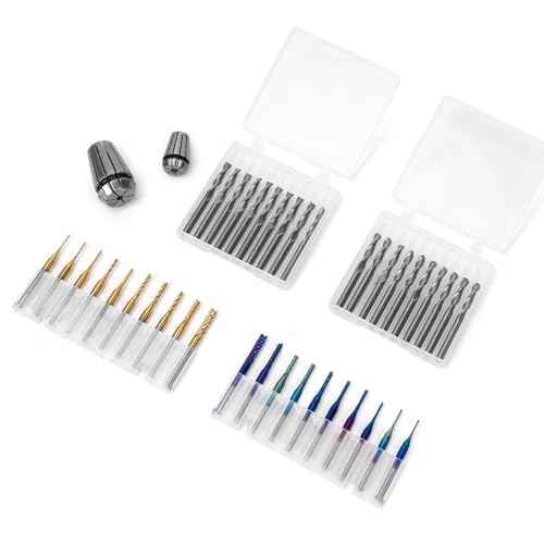 LUNYEE 40pcs End Mills CNC Router Bits with ER11, ER16 Collet, 1/8" Shank CNC Cutter Milling Carving Bit Set Including 2-Flute Flat Nose & Ball Nose, Nano Blue Coat & Titanium Coat Bits