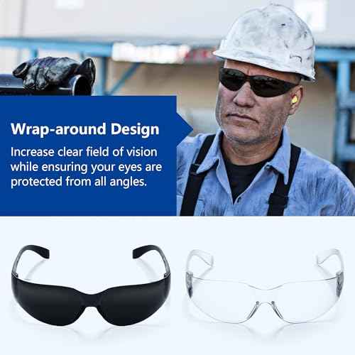 Tinted Safety Glasses Bulk, 24 Pack, Protective Shaded Safety Goggles, UV Protection Sunglasses, Scratch & Impact Resistant Dark Smoke Lense | Perfect for Construction, Shooting, Lab Work