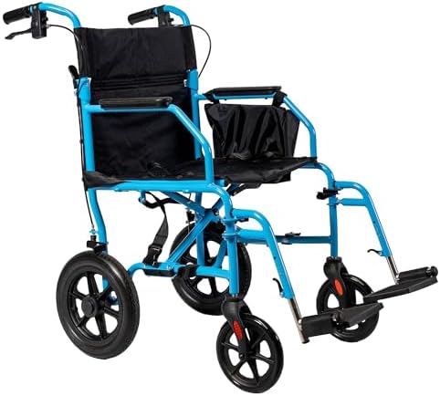 Platinum Health Hummingbird™ Ultra-Lightweight Foldable Transport Wheelchair, Handbrakes,12-Inch Rear Wheels, Extra-Wide Seat. Convenient Table-Length Padded Armrests. (Sky Blue)