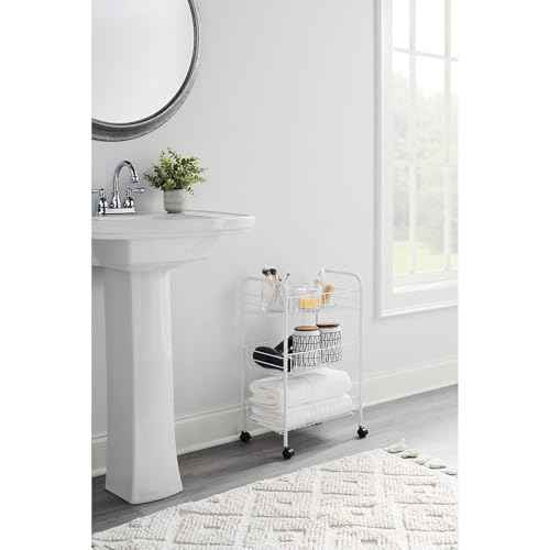 Rubbermaid 3-Tier Shelving Wheeled Organizer, Wire Adjustable Metal Storage Cart, for Office/Kitchen/Bedroom/Laundry Home Use, White