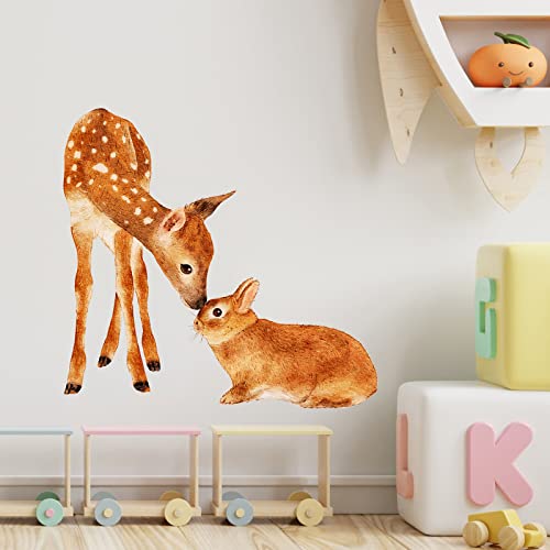 Cute Deer and Rabbit Wall Decal Nursery Woodland Animal Wall Sticker Removable Peel and Stick Wall Art Decor Stickers for Kids Baby Classroom Preschool Living Room Playing Room Bedroom School