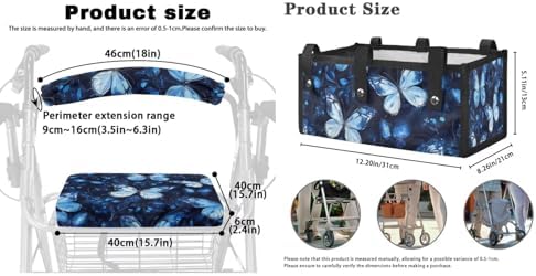 LedBack Blue Butterflies Mobility Scooter Accessories Sets for Seniors Walker Rollator Seat Cushion Back Cover Underseat Pouch Tote for Rolling Walkers