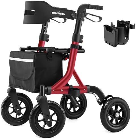 Rollator Walker for Seniors, Foldable All Terrain Rolling Walker with seat, Aluminum Walkers with 10 inch Rubber Wheels, Built-in Cable, Cup Holder, Adjustable Handles and Backrest for Seniors, Red