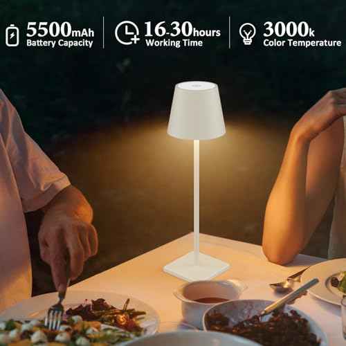 2-Pack LED Cordless Table Lamp, Rechargeable Battery Desk lamp 3W 5500mAh Battery Operated Stepless Dimming Modern Portable Table Light for Restaurant/Bedroom/Outdoor IP54 Waterproof (Off White)