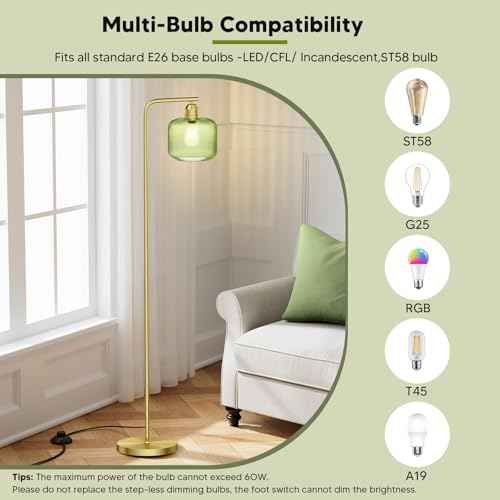 Glass Floor Lamp for Living Room, Modern Standing Lamp with Green Ribbed Glass Lampshade and Pedal Switch, 66¡± Tall Lamp & Gold Floor Lamp for Bedroom Study Room,Brushed Gold(3000K LED Bulb Included)