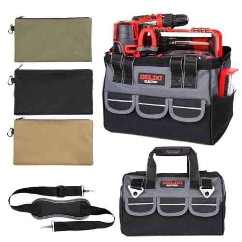 DELIXI Tool Bag 13-Inch + 3 Pack Utility Zipper Tool Pouches (18 Pockets), 1680D Oxford Fabric Tool Box Organizer with Shoulder Strap, Multipurpose Storage for Mechanic, Electrician, DIY, Gift