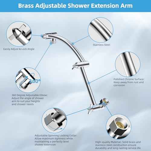 Hibbent All Metal Rain Shower Head, 8'' High Pressure Rainfall Square Showerhead with 16" Shower Head Extension Arm, Solid Brass Adjustable Shower Arm Extender, Waterfall fixed Showerheads, Chrome
