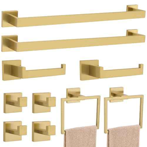 23.6Inch Brushed Gold Towel Bar Set, 10 Pieces Bathroom Accessories Set, SUS304 Stainless Steel Towel Racks Toilet Paper Holder Set for Bathroom Wall Mounted
