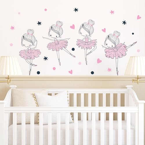 4 Cute Ballerina Ballet Dancers Wall Decals for Girls Bedroom Large Removable Wall Stickers for Classroom Pink and Black Wall Murals Peel and Stick Vinyl Kids Room Decor for Living Room Nursery
