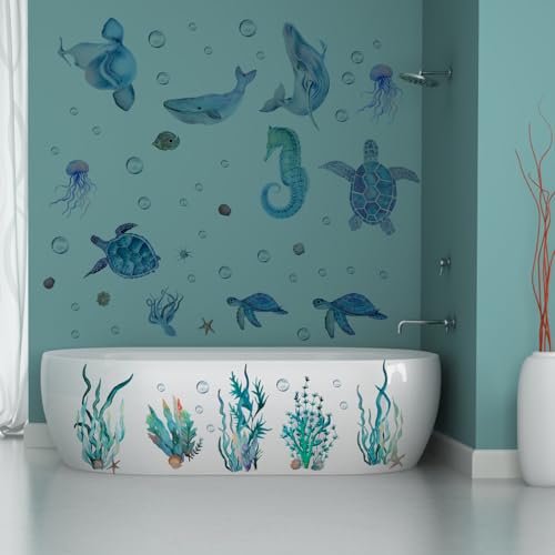BLMHTWO 2-Piece Sea Turtle Wall Decal Set - Under The Sea Wall Decals for Bathroom, Living Room, Bedroom