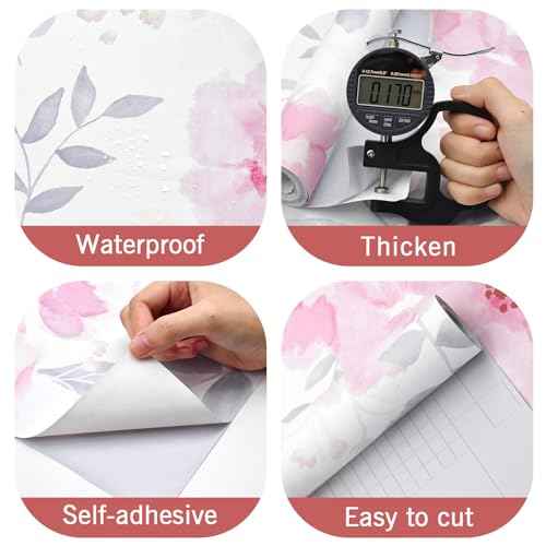 Cohoo Home Floral Contact Paper Peel and Stick Wallpaper Floral Flower Pink Contact Paper for Cabinet Self-Adhesive Removable Wallpaper Watercolor Kids Nursery Bedroom Waterproof 17.3inW 78.7inL