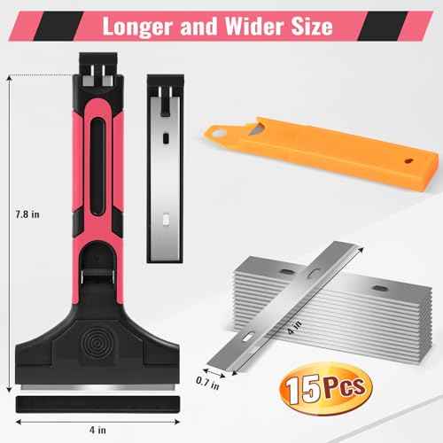 4" Razor Blade Scraper, Scraper Tool with 15pcs Razor Blades, Scrapper for Cleaning Paint, Sticker & Caulk Remover Tool, Glass Scraper for Windows, Stove Top, Oven, Cooktop, Floor, Tile