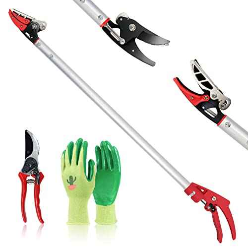 Cut and Hold Pruner Set, Lightweight 32-Inch Long Reach Pruner One-Handed Operation, Hold Long Reach Cut Rotating, 8.3" Hand Pruner for Branch Pruning, Fruit Picking, Prickly Plants & Roses