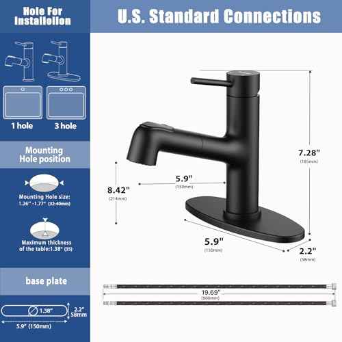 HURRAN Pull-Out Bathroom Faucet, Single Lever Basin Mixer with 2 Water Flow Modes, Short Design, Stainless Steel, Matte Black
