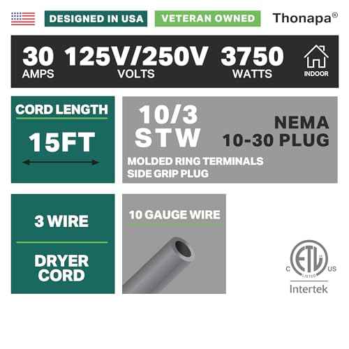 3 Prong Dryer Cord 15 ft, 30 Amp Appliance Extension Cord 3 Prong 15 Foot, NEMA 10-30 Plug, 10/3 STW Gray Heavy Duty Dryer Power Cable with Molded Ring Terminals - US Veteran Owned Brand
