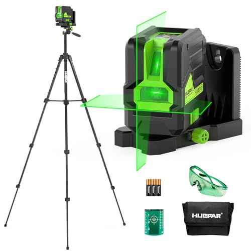 Huepar Laser Level with 60in Tripod, 1/13 High Accuracy Self Leveling Green Cross Line Lazer Leveler for Picture Hanging, Tile, Home Renovation, with Pluse Mode for Outdoor, Carry Case, Glasses