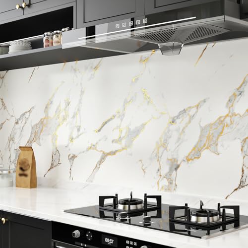 White Gold Marble Contact Paper for Countertops Waterproof White Marble Wallpaper Peel and Stick Removable Countertop Contact Paper for Kitchen Table Cabinets Matte Granite Wallpaper 15.8"x80"