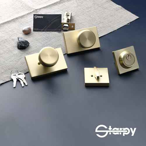 Gold Door Knobs Interior with Lock, Satin Brass Exterior Door Lock Set with Deadbolt