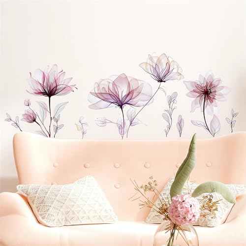 Ink Style Light Pink Flowers Wall Stickers, sacinora Lotus Peony DIY Floral Art Wall Decals Removable Vinyl Peel and Stick for Living Room Bedroom Nursery Toddler Room Decorations