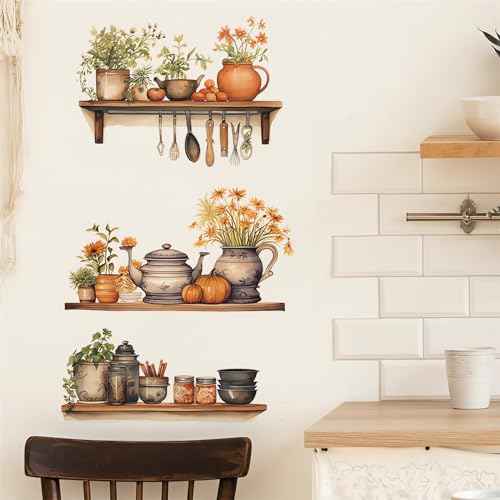 Green Plants Flowers Potted Wall Stickers, sacinora Kitchenware Utensil Painted Wall Decals Removable Vinyl Peel and Stick for Kitchen Dining Restaurant Baking Room Bar Art Decorations