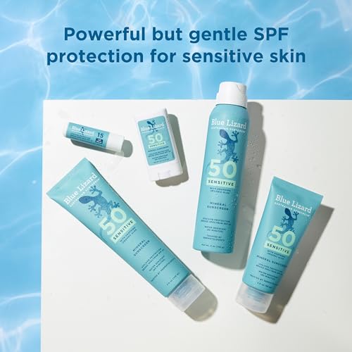 Blue Lizard Sensitive Mineral SPF 50 Sunscreen Lotion, 100% Mineral Sunscreen, UVA/UVB Protection, Infused with organic Aloe Vera, Soothes and Hydrates, 5 fl oz