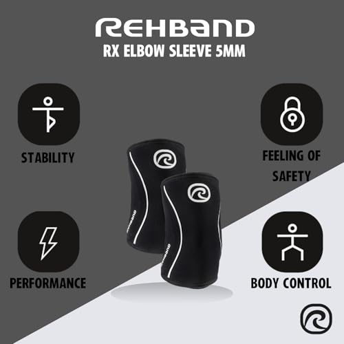 Rehband Elbow 5mm Compression Sleeve, Neoprene Elbow Sleeves for Weightlifting, Anatomical Design, Non-Slip & Close Fitting, Elbow Support Unisex, Colour:Black - 1 Pair, Size:Medium