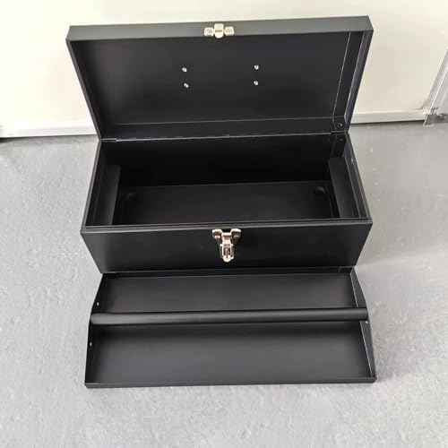Small Tool Box Mini Toolbox Small Metal Tool Box 16" Portable Metal Toolbox with Latch Closure for Basic Tool Kits or Craft Storage Black
