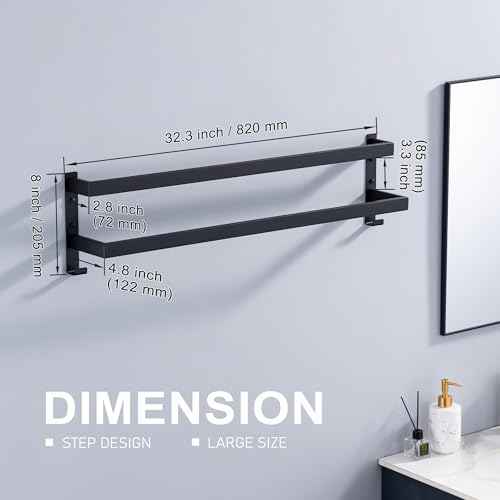 Double Towel Bar Towel Racks for Bathroom, Bath Towel Holders Wall Mount, Stainless Steel Towels Shelves Towel Rail, 2-Tiers (Matte Black, 32 Inches)