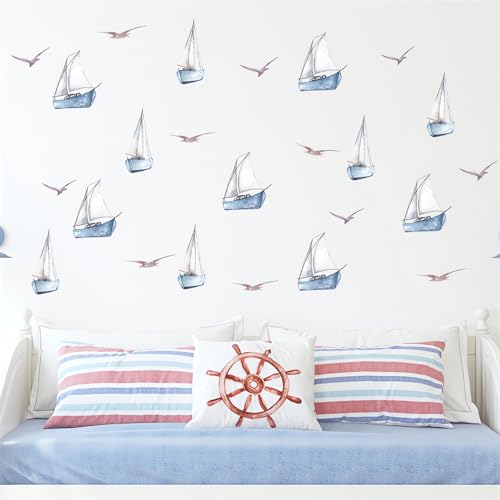 6 Sheets 48 Pcs Blue Sailboats Gulls Ins Style Wall Stickers, sacinora Travel Adventure Wanderlust Sailboat Nautical DIY Wall Decals Removable Vinyl Peel and Stick for Nursery Bedroom Playroom Decor