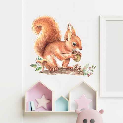 Cute Baby Squirrel Pinecone Wall Stickers, sacinora Cartoon Little Animal Wall Decals Removable Vinyl Peel and Stick for Kids Baby Nursery Living Room Bedroom Playroom Kindergarten Art Decorations