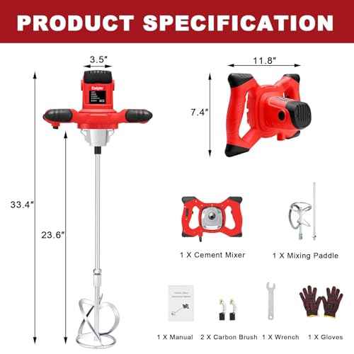 Cement Mixer, Handheld Electric Concrete Mixer, Portable Mortar Mixer with 6 Adjustable Speed, 110V Mud Mixer Machine Drill Tool for Paint Mortar Fodder Mixing Drywall Grout Plaster (Red)