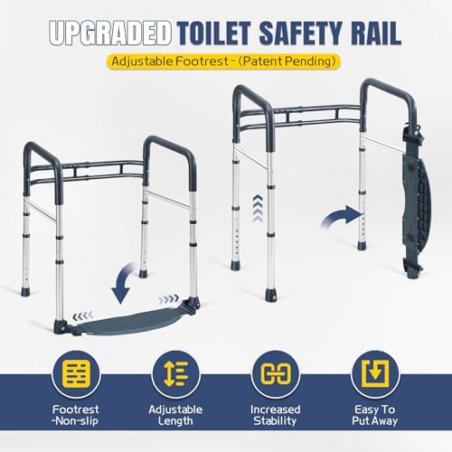 Lianjindun Toilet Safety Rails with Footrest, Folding & Portable Bathroom Toilet Handles for Elderly, Seniors, Handicap & Disabled, Adjustable Toilet Safety Frame Fit Any Toilets (350 LB)