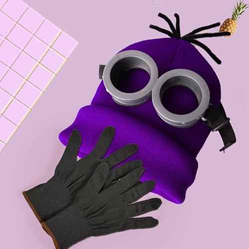 Halloween Costume Adult Accessories, Purple Beanie, Goggles Glasses and Gloves for Men Women Kids, Halloween Cosplay Party Set