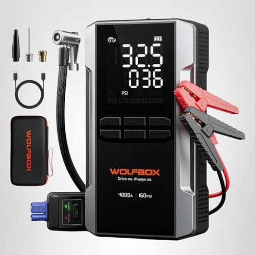 WOLFBOX 4000A Jump Starter with 160PSI Air Compressor, 12V Car Battery Booster, 88.8Wh Portable Jump Box (10.0 Gas/10.0L Diesel) with 65W Fast Charging, Tire Inflator, Jumper Cables, and LED Light