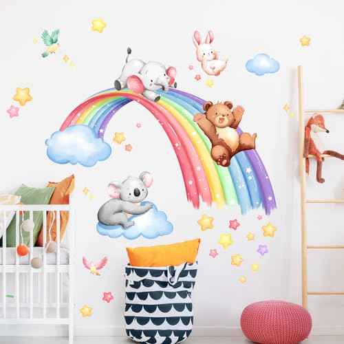 Tanlaby 43" X 43" Animal Rainbow Wall Stickers Bear Elephant Koala Rabbit Wall Decals Peel and Stick Clouds Stars Art Decor for Baby Nursery Kids Bedroom Playroom Daycare Classroom