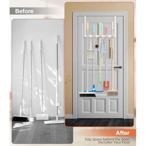 Broom Holder Over The Door Drilling Free Mop and Broom Holder with 4 Over Door Hook, Metal Mop and broom hanger Wall Mount Broom Storage Tool Organizer for Laundry Room Garage Bathroom - white
