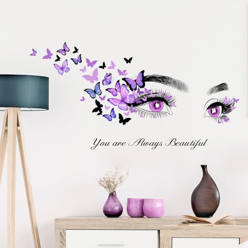 Beautiful Eyelash Eyes Wall Stickers, Purple Flying Butterfly Peel and Stick Wall Decals, Bedroom Living Room Sofa TV Background Art Wall Decor