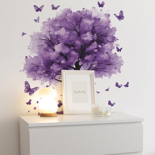Purple Tree Wall Decals Removable Purple Butterfly Wall Stickers Peel and Stick Vinyl Plant Wall Decor Waterproof for Bedroom Living Room Bathroom Decorations