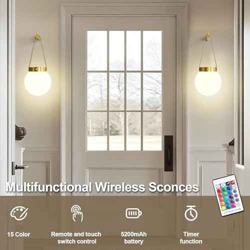 Battery Operated Wall Sconces Set of 2, Gold Wireless Globe Wall Lights with Remote Control Warm/Natural/Daylight/RGB 15 Colors Dimmable Rechargeable Wall Lamps Retro for Bedroom Living Room Hallway