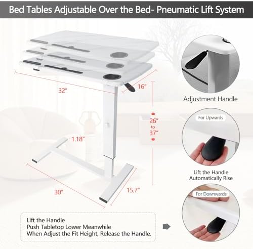 Overbed Table,Hospital Bed Table,Pneumatic Bed Tables Adjustable Over The Bed with Hidden Wheels&USB Port,Mobile Laptop Table Cart and Rolling Bedside Table with Tray Hospital Home Use-White1